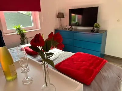 Ein Bett oder Betten in einem Zimmer der Unterkunft Komfortables Ferienhaus 80qm unweit vom See in Lichtenberg - Frankenwald - Bad Steben - Hof Saale