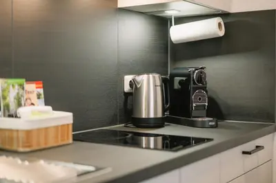 Küche/Küchenzeile in der Unterkunft Modernes 2-Zimmer Themen-Apartment im Zentrum