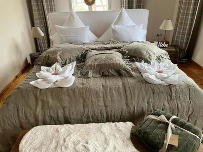 Ein Bett oder Betten in einem Zimmer der Unterkunft Feine Wohn und Schlafstuben im Herrenhaus I UNESCO Welterbe I Parkplatz I Erzgebirge I Waldbühne
