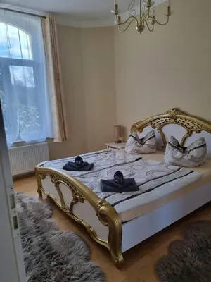 Ein Bett oder Betten in einem Zimmer der Unterkunft FeWo Fürst Metternich, Bad Elster