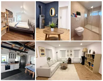Ein Bett oder Betten in einem Zimmer der Unterkunft Modernes Bauernhaus - 3 Schlafzimmer, Kamin, Wohnzimmer, Küche, Bad