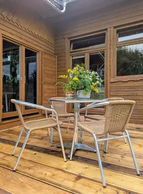 Grundriss der Unterkunft Wichtelhaisl Rittersgrün im Erzgebirge - Entspannen im fröhlichen Tiny House - umzäunter Naturgarten-Hunde willkommen-Terrasse-Elektroauto laden