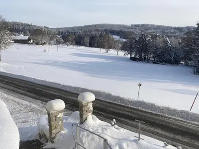 Idyllisches Häuschen im Grünen im Winter