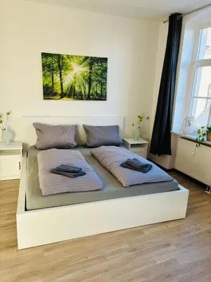 Ein Bett oder Betten in einem Zimmer der Unterkunft entzückende Ferienwohnung im Zentrum von Plauen