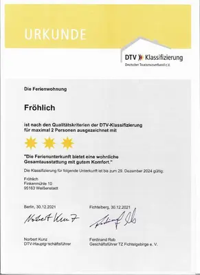 Ein Zertifikat, Auszeichnung, Logo oder anderes Dokument, das in der Unterkunft Ferienwohnung Fröhlich ausgestellt ist