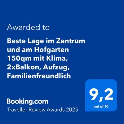 Ein Zertifikat, Auszeichnung, Logo oder anderes Dokument, das in der Unterkunft Beste Lage im Zentrum und am Hofgarten 150qm mit Klima, 2xBalkon, Aufzug, Familienfreundlich ausgestellt ist