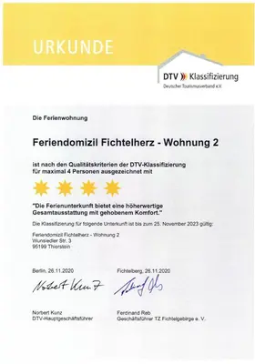 Ein Zertifikat, Auszeichnung, Logo oder anderes Dokument, das in der Unterkunft Feriendomizil Fichtelherz ausgestellt ist