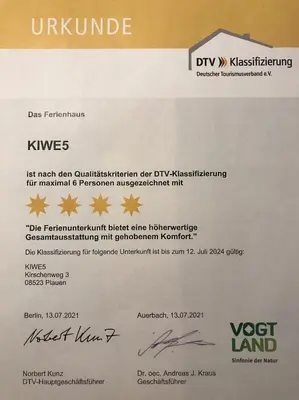 Ein Zertifikat, Auszeichnung, Logo oder anderes Dokument, das in der Unterkunft KIWE5 ausgestellt ist