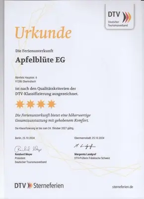 Ein Zertifikat, Auszeichnung, Logo oder anderes Dokument, das in der Unterkunft Apfelblüte und Paradies ausgestellt ist