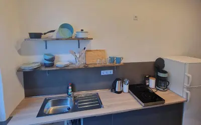 Küche/Küchenzeile in der Unterkunft Ferienwohnung Wunderlich rot