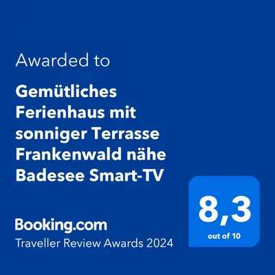 Ein Zertifikat, Auszeichnung, Logo oder anderes Dokument, das in der Unterkunft Gemütliches Ferienhaus mit sonniger Terrasse Frankenwald nähe Badesee Smart-TV ausgestellt ist